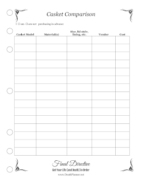 Casket Comparison Worksheet Final Directive