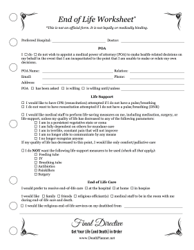 End Of Life Worksheet Planner Final Directive