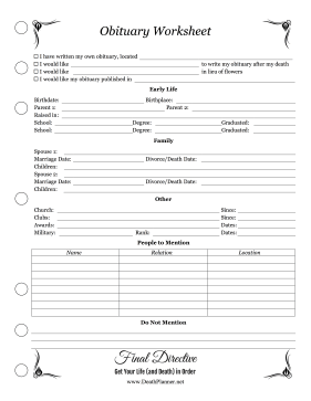 Obituary Worksheet Planner Final Directive